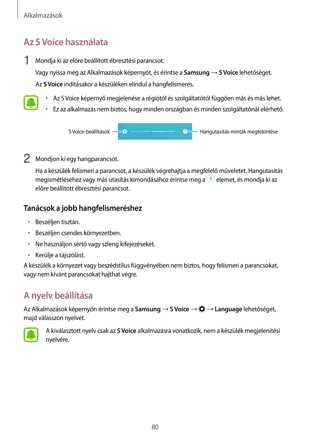 Samsung SM-A310FZDAXEH, SM-A310FZKAXEH manual Az S Voice használata, Nyelv beállítása, Tanácsok a jobb hangfelismeréshez 