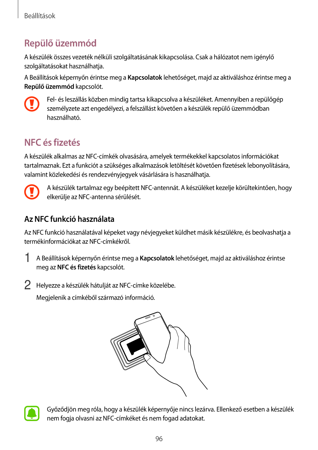 Samsung SM-A310FZKAXEH, SM-A310FZWAXEH, SM-A310FZDAXEH manual Repülő üzemmód, NFC és fizetés, Az NFC funkció használata 