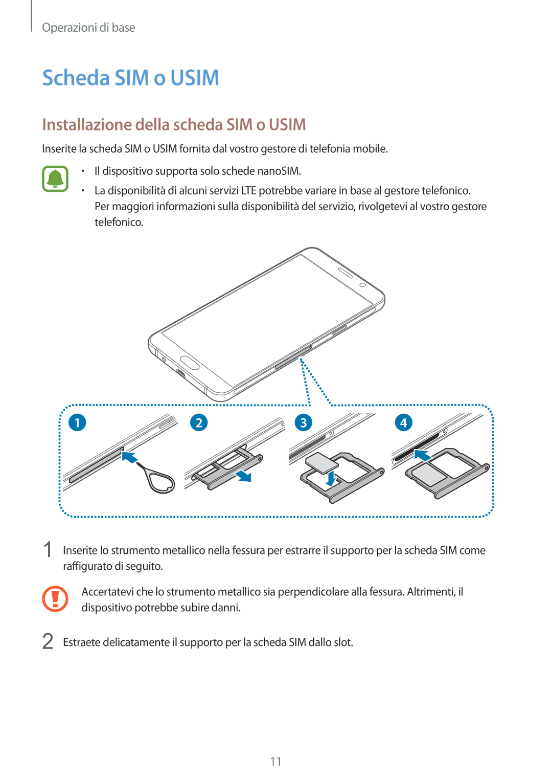 Samsung SM-A310FZDAITV, SM-A310FZWAITV, SM-A310FZKAITV manual Scheda SIM o Usim, Installazione della scheda SIM o Usim 