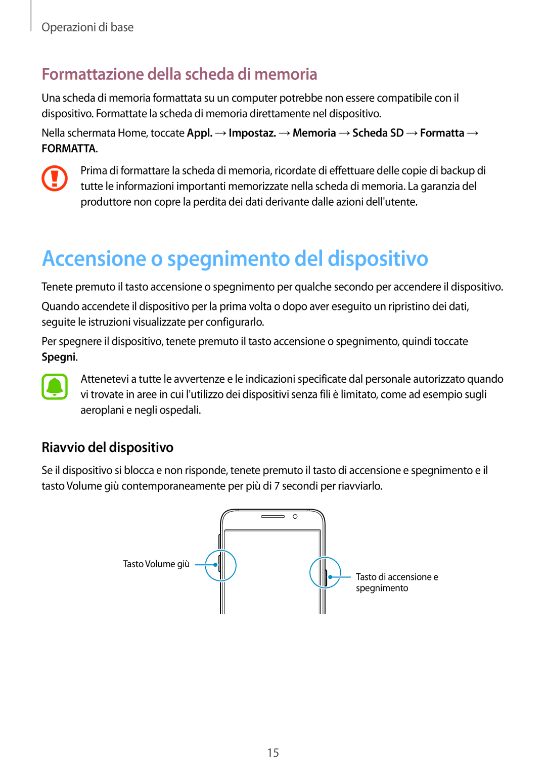 Samsung SM-A310FZWAITV, SM-A310FZKAITV Accensione o spegnimento del dispositivo, Formattazione della scheda di memoria 