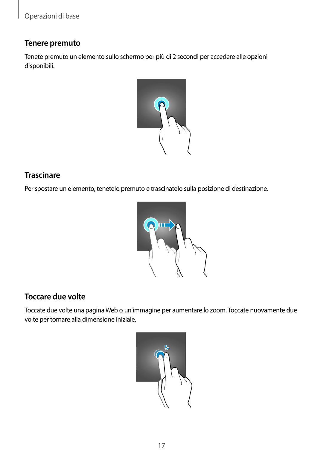 Samsung SM-A310FZDAITV, SM-A310FZWAITV, SM-A310FZKAITV manual Tenere premuto, Trascinare, Toccare due volte 