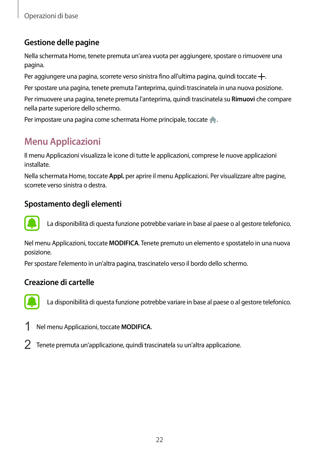 Samsung SM-A310FZKAITV, SM-A310FZWAITV, SM-A310FZDAITV Menu Applicazioni, Gestione delle pagine, Spostamento degli elementi 