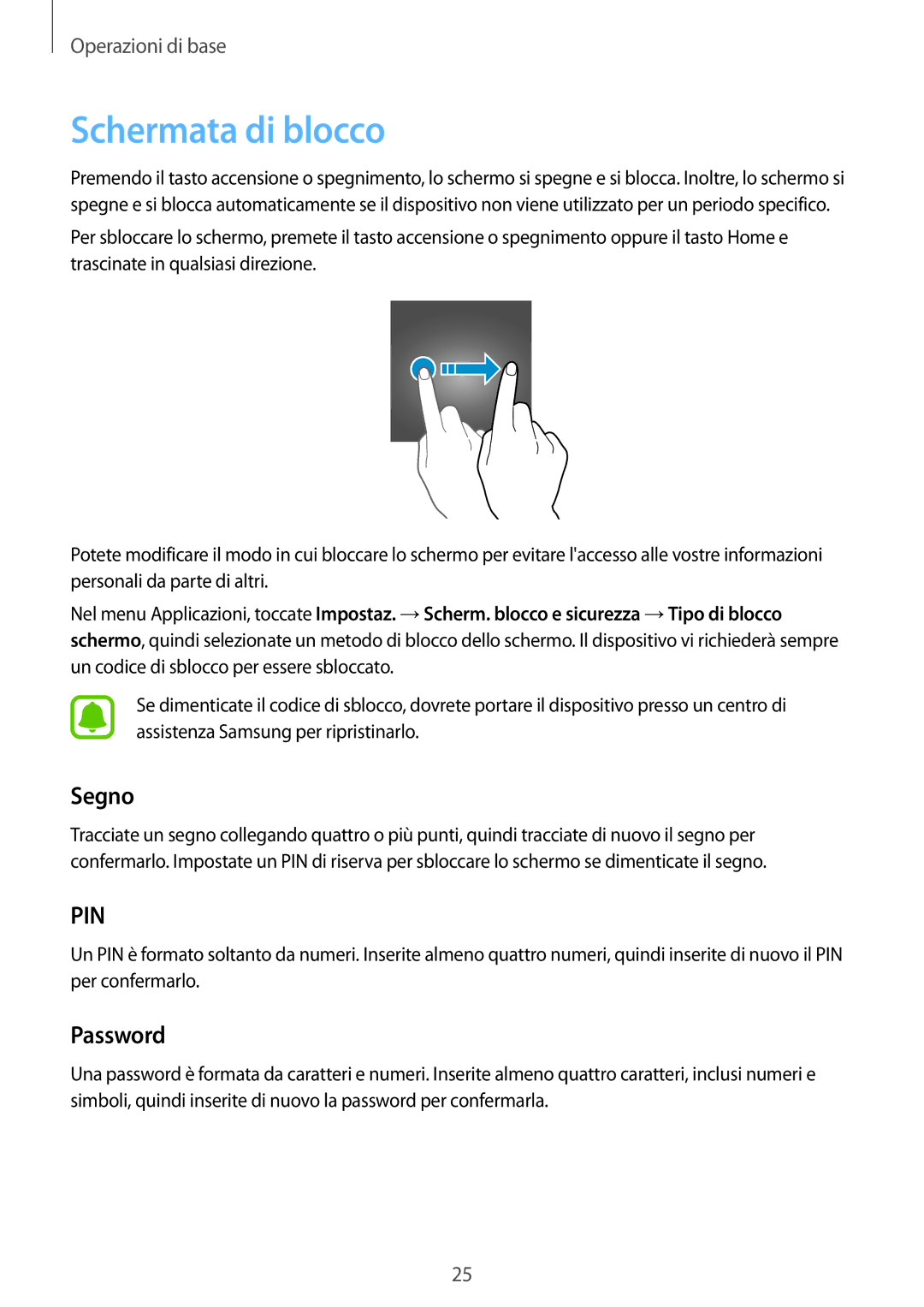 Samsung SM-A310FZKAITV, SM-A310FZWAITV, SM-A310FZDAITV manual Schermata di blocco, Segno, Password 