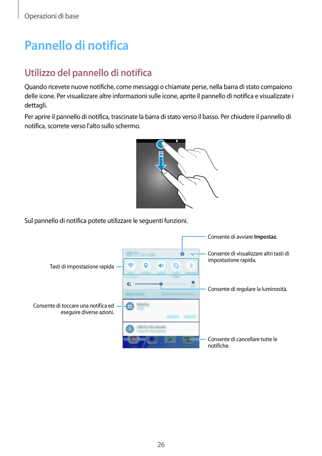 Samsung SM-A310FZDAITV, SM-A310FZWAITV, SM-A310FZKAITV manual Pannello di notifica, Utilizzo del pannello di notifica 