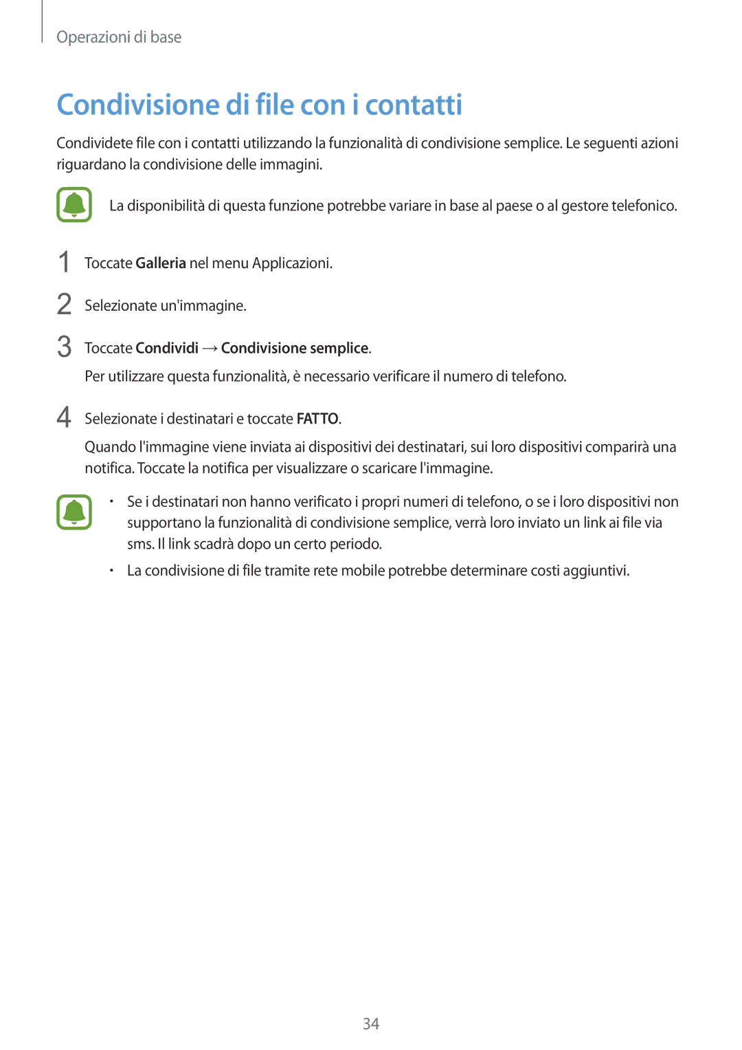 Samsung SM-A310FZKAITV, SM-A310FZWAITV manual Condivisione di file con i contatti, Toccate Condividi →Condivisione semplice 