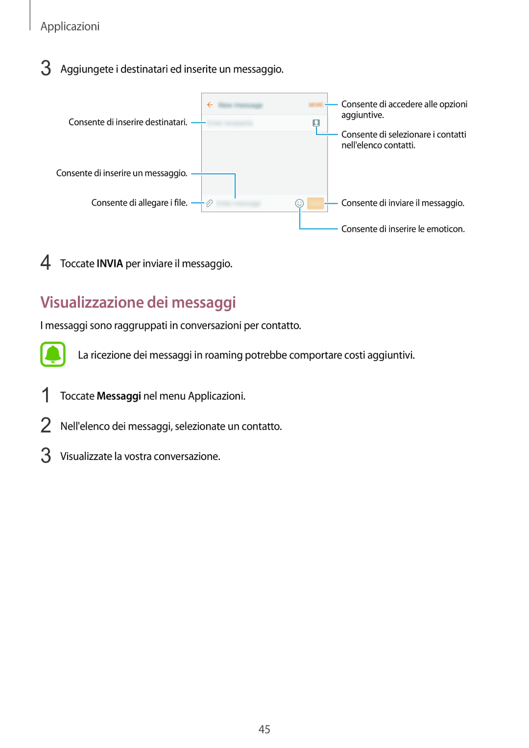 Samsung SM-A310FZWAITV, SM-A310FZKAITV Visualizzazione dei messaggi, Aggiungete i destinatari ed inserite un messaggio 