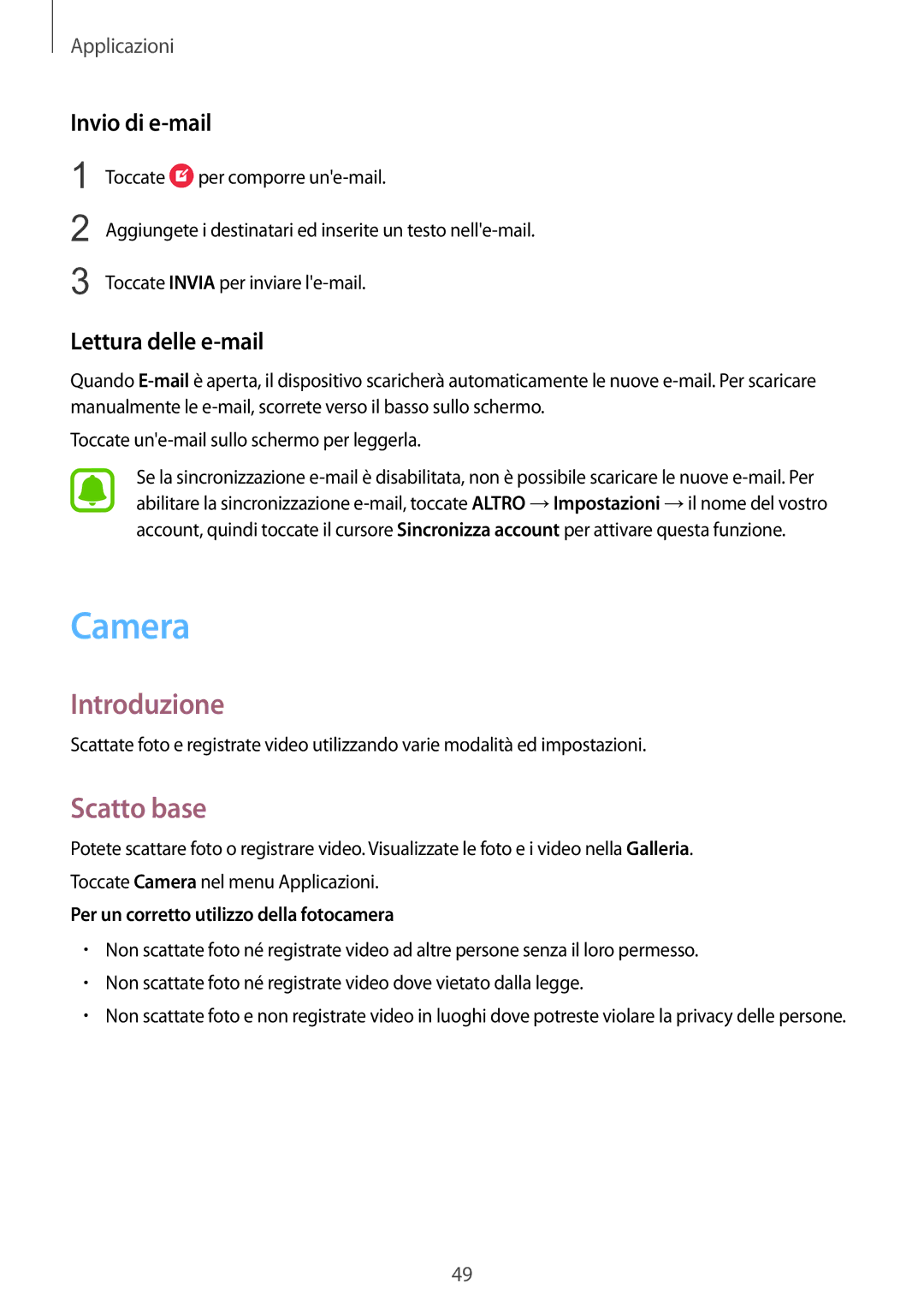 Samsung SM-A310FZKAITV, SM-A310FZWAITV, SM-A310FZDAITV manual Camera, Scatto base, Invio di e-mail, Lettura delle e-mail 