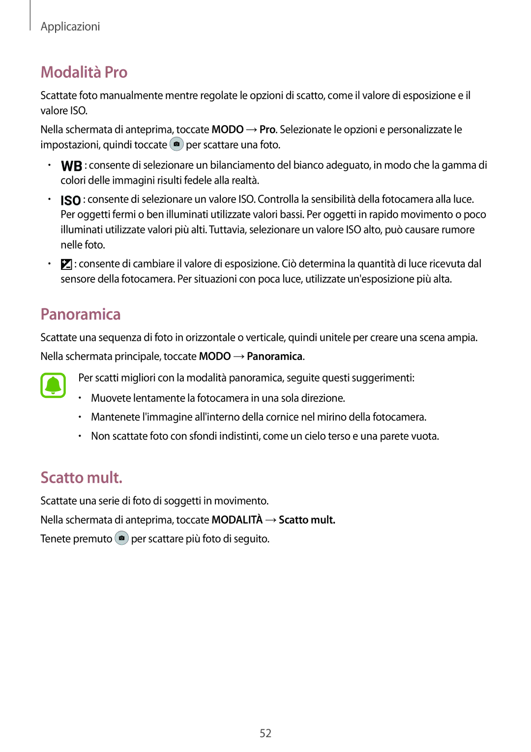 Samsung SM-A310FZKAITV, SM-A310FZWAITV, SM-A310FZDAITV manual Modalità Pro, Panoramica, Scatto mult 