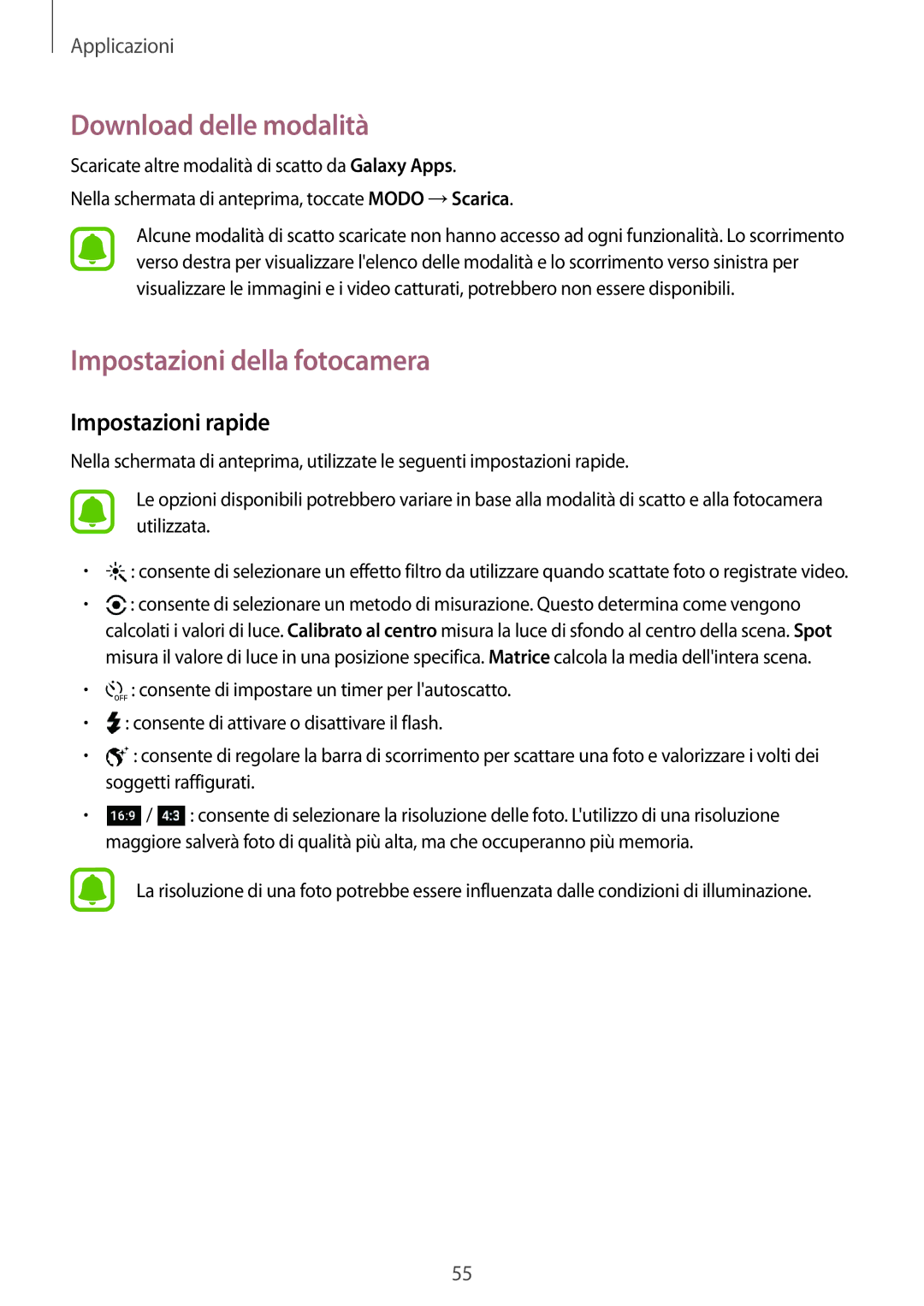 Samsung SM-A310FZKAITV, SM-A310FZWAITV manual Download delle modalità, Impostazioni della fotocamera, Impostazioni rapide 