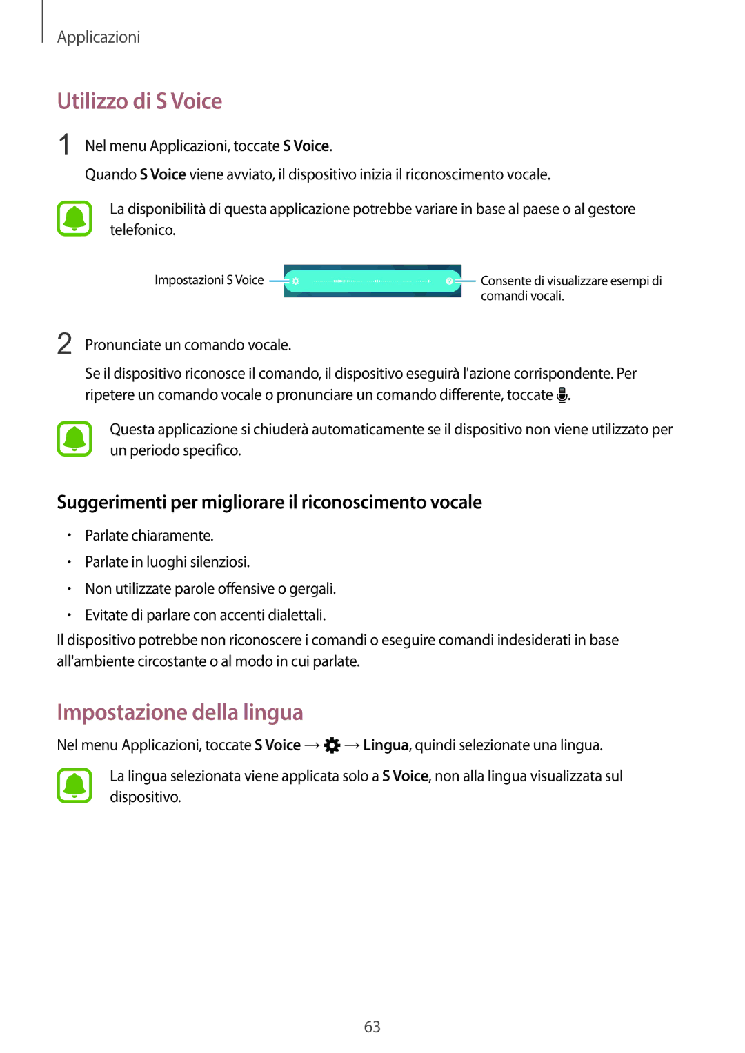 Samsung SM-A310FZWAITV, SM-A310FZKAITV, SM-A310FZDAITV manual Utilizzo di S Voice, Impostazione della lingua 