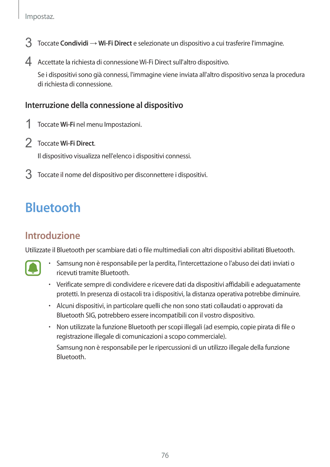 Samsung SM-A310FZKAITV, SM-A310FZWAITV, SM-A310FZDAITV manual Bluetooth, Interruzione della connessione al dispositivo 