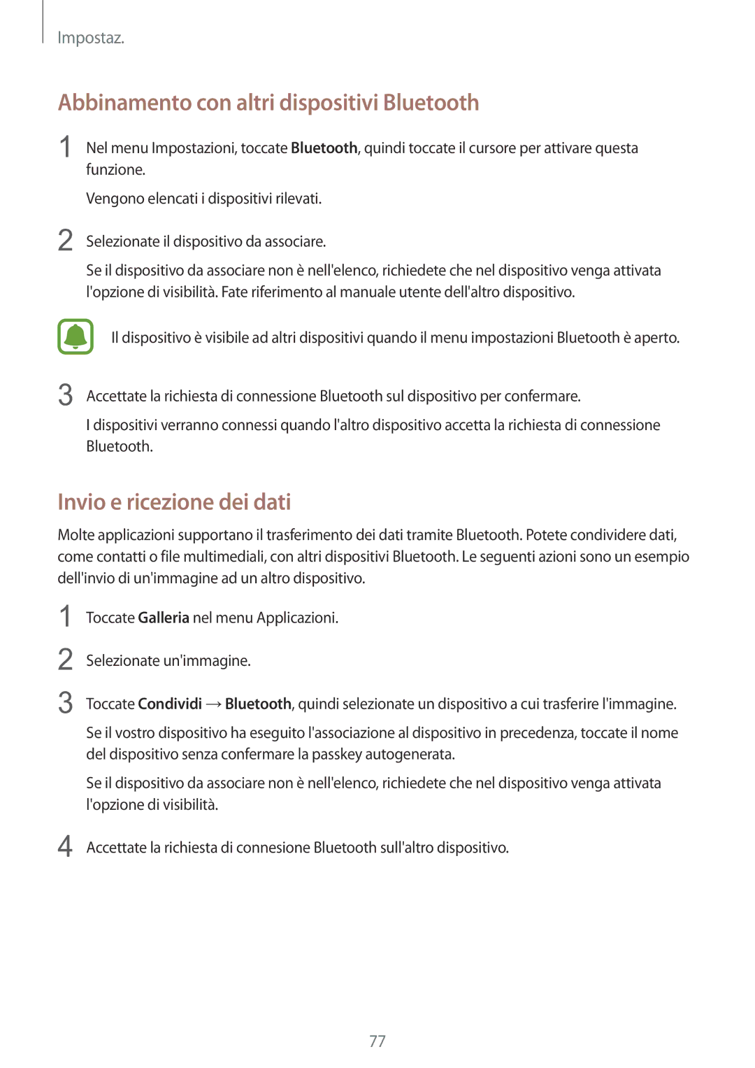 Samsung SM-A310FZDAITV, SM-A310FZWAITV manual Abbinamento con altri dispositivi Bluetooth, Invio e ricezione dei dati 