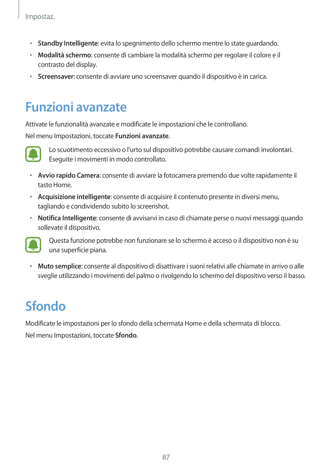 Samsung SM-A310FZWAITV, SM-A310FZKAITV, SM-A310FZDAITV manual Funzioni avanzate, Sfondo 