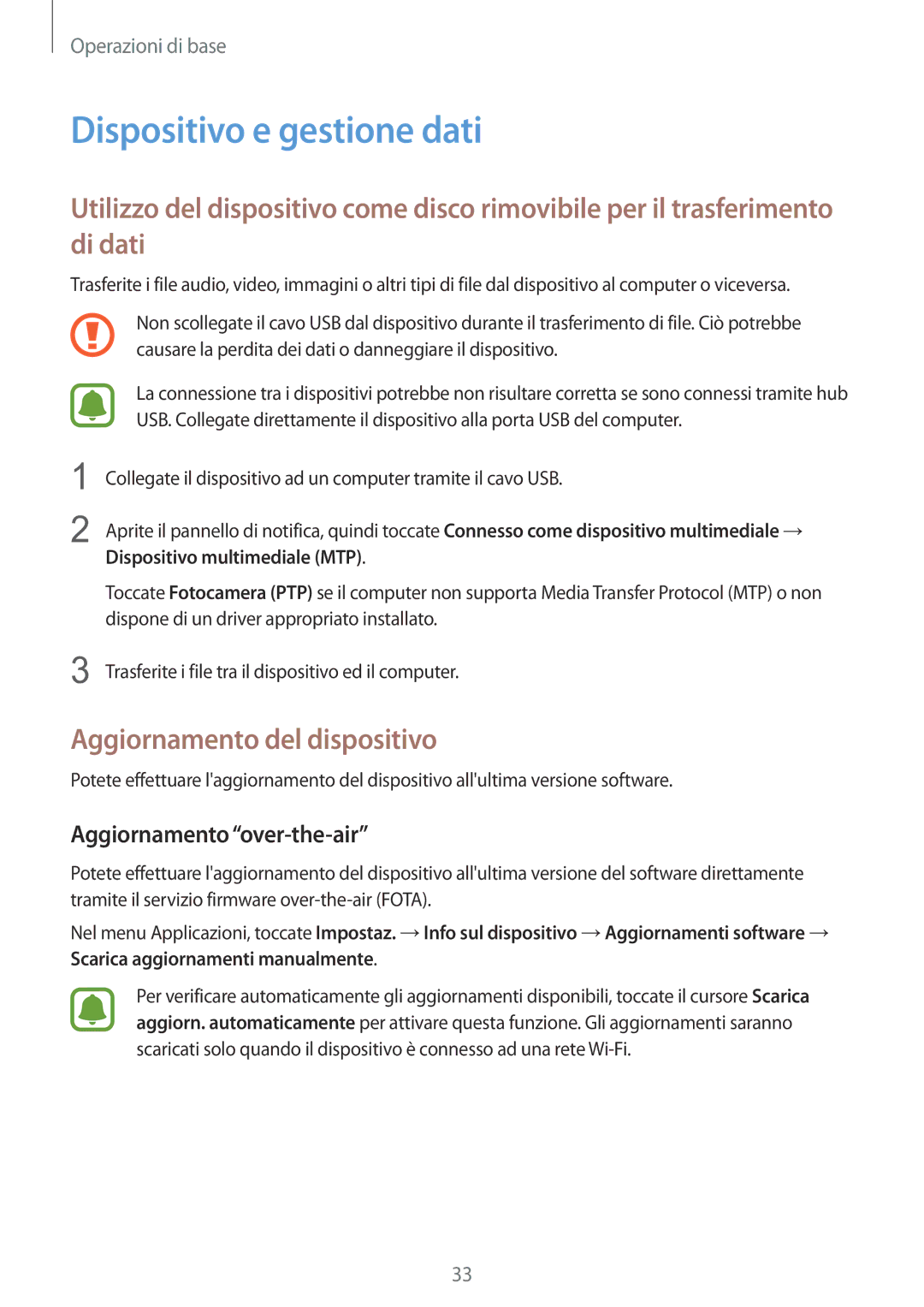 Samsung SM-A310FZWAITV manual Dispositivo e gestione dati, Aggiornamento del dispositivo, Aggiornamento over-the-air 