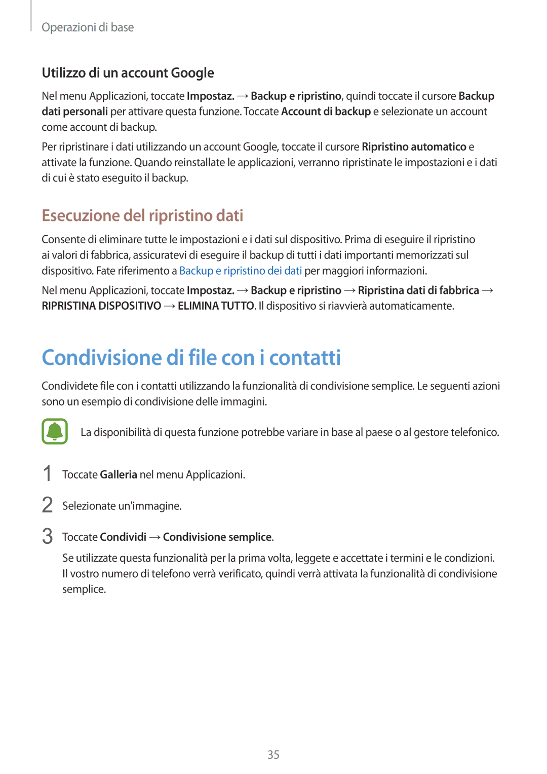 Samsung SM-A310FZDAITV Condivisione di file con i contatti, Esecuzione del ripristino dati, Utilizzo di un account Google 