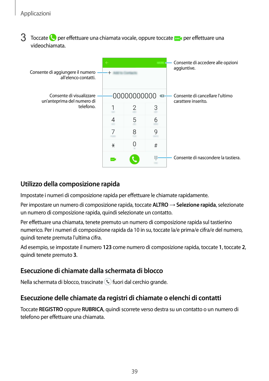 Samsung SM-A310FZWAITV manual Utilizzo della composizione rapida, Esecuzione di chiamate dalla schermata di blocco 