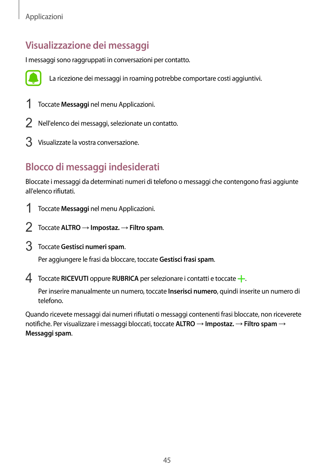 Samsung SM-A310FZWAITV, SM-A310FZKAITV, SM-A310FZDAITV manual Visualizzazione dei messaggi, Blocco di messaggi indesiderati 