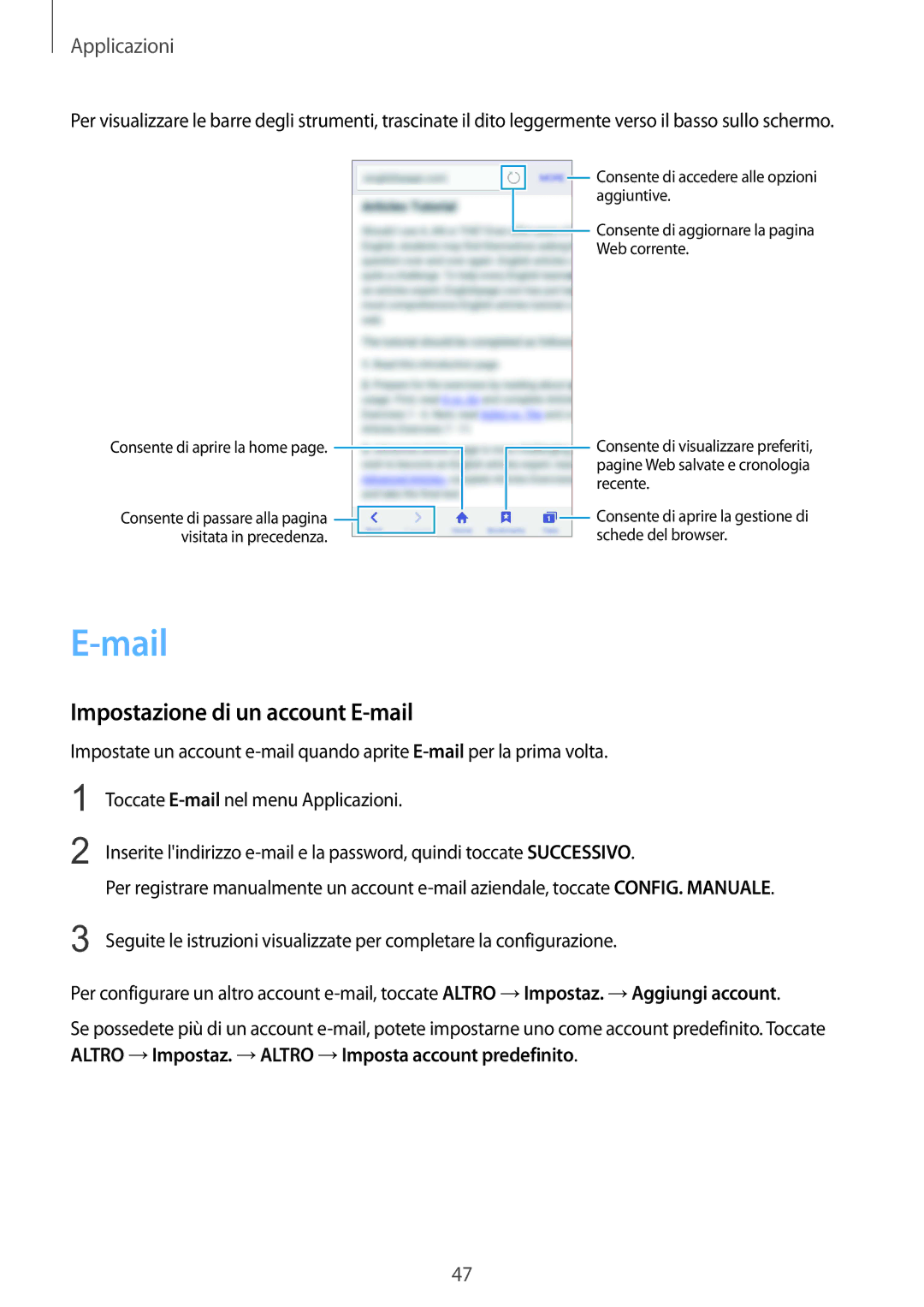 Samsung SM-A310FZDAITV, SM-A310FZWAITV, SM-A310FZKAITV manual Mail, Impostazione di un account E-mail 