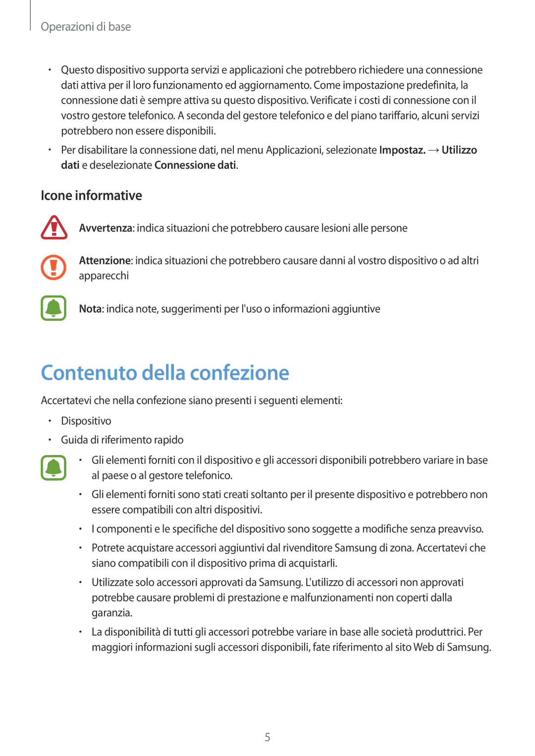 Samsung SM-A310FZDAITV, SM-A310FZWAITV, SM-A310FZKAITV manual Contenuto della confezione, Icone informative 