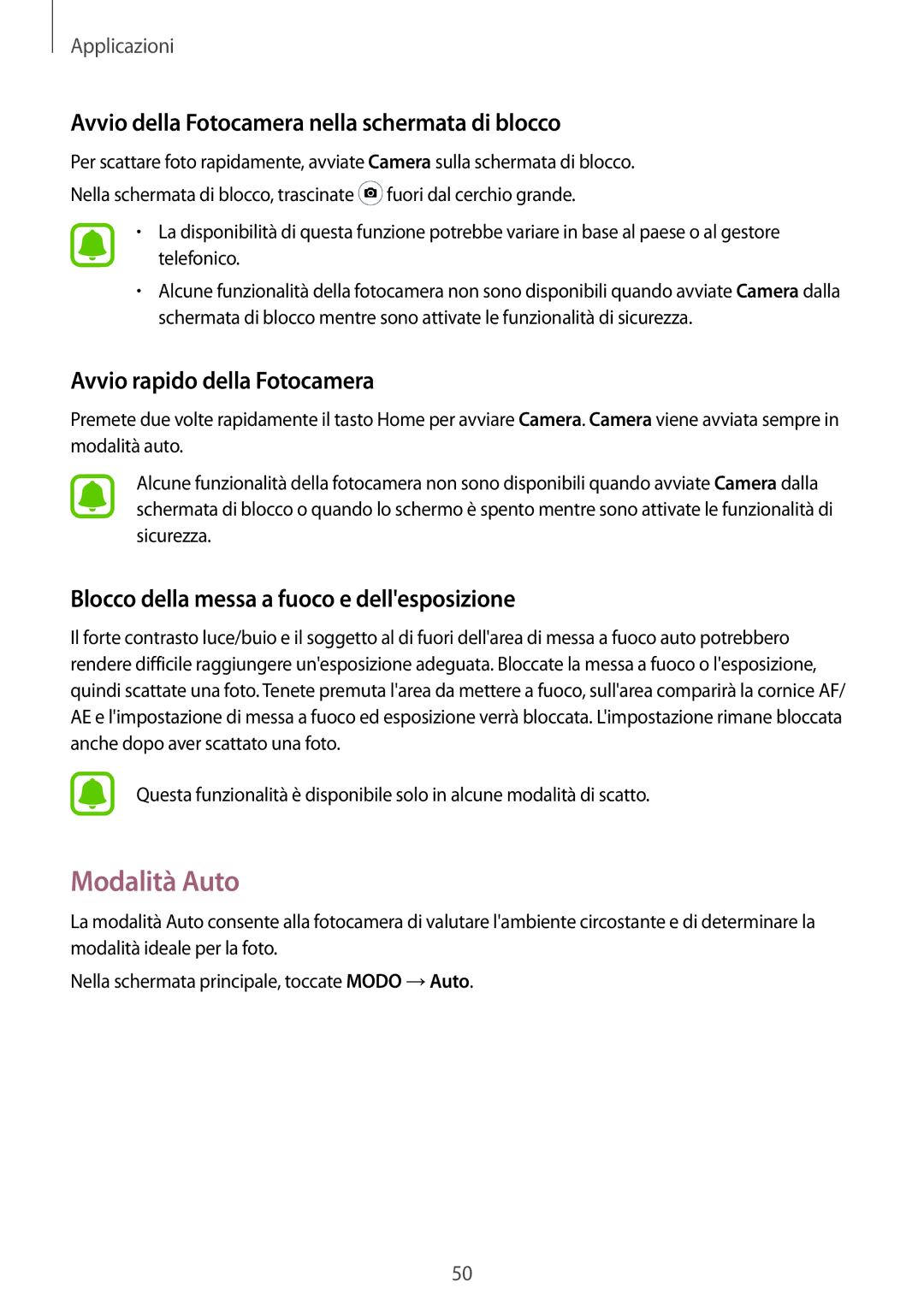 Samsung SM-A310FZDAITV Modalità Auto, Avvio della Fotocamera nella schermata di blocco, Avvio rapido della Fotocamera 