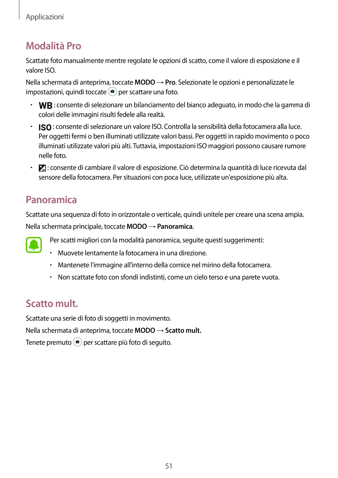 Samsung SM-A310FZWAITV, SM-A310FZKAITV, SM-A310FZDAITV manual Modalità Pro, Panoramica, Scatto mult 