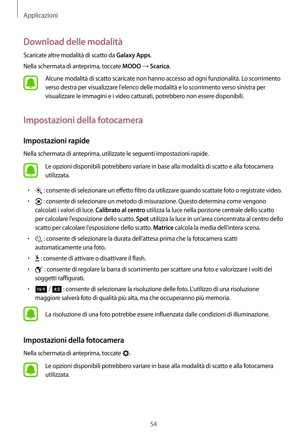 Samsung SM-A310FZWAITV, SM-A310FZKAITV manual Download delle modalità, Impostazioni della fotocamera, Impostazioni rapide 