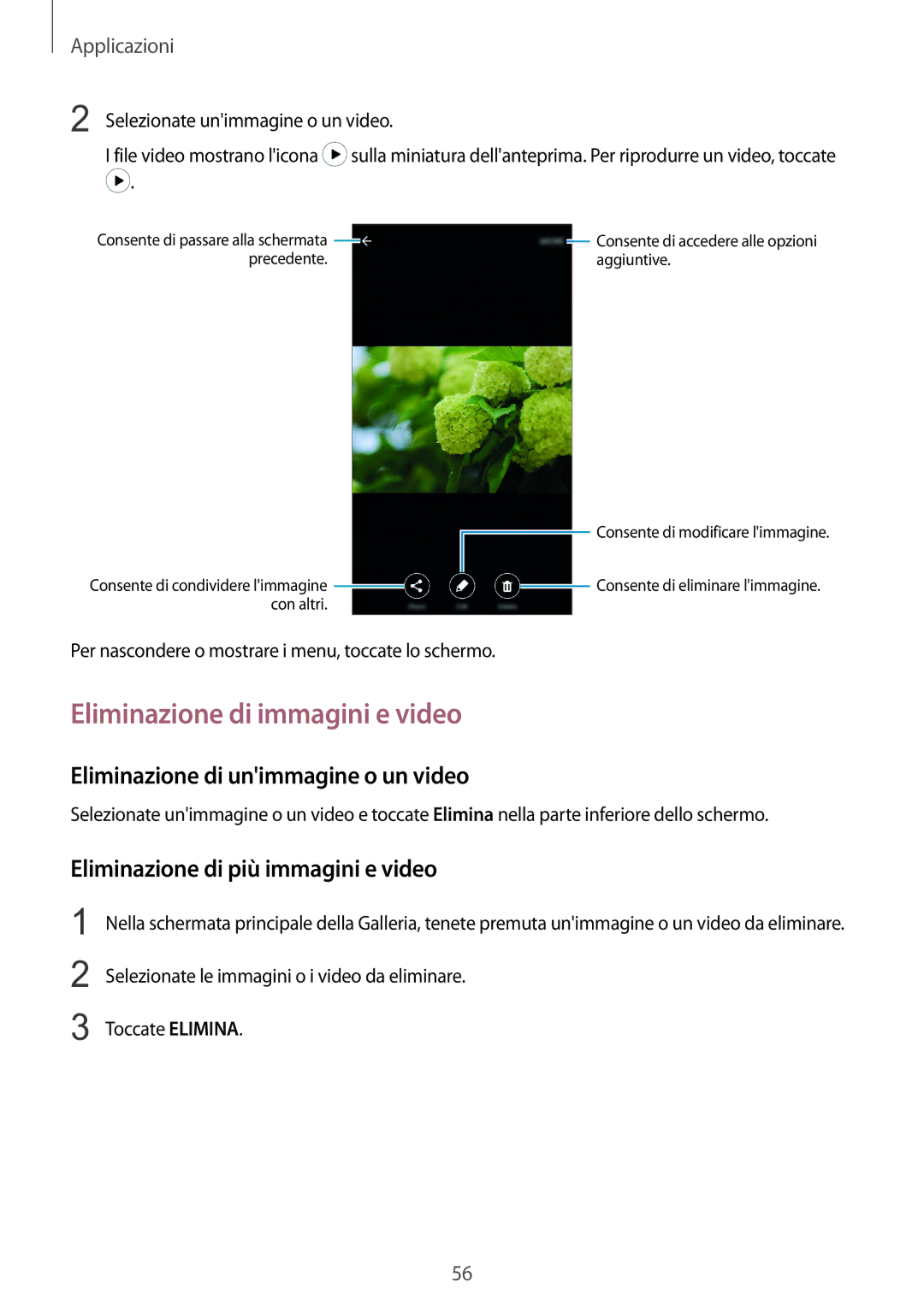 Samsung SM-A310FZDAITV, SM-A310FZWAITV manual Eliminazione di immagini e video, Eliminazione di unimmagine o un video 