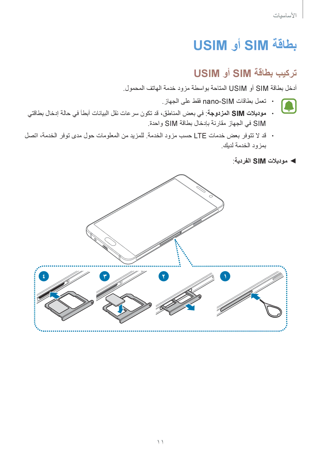 Samsung SM-A310FZKDKSA, SM-A310FZWAKSA, SM-A310FEDDKSA, SM-A310FZDDKSA manual Usim وأ SIM ةقاطب بيكرت, ةيدرفلا Sim تلايدوم 