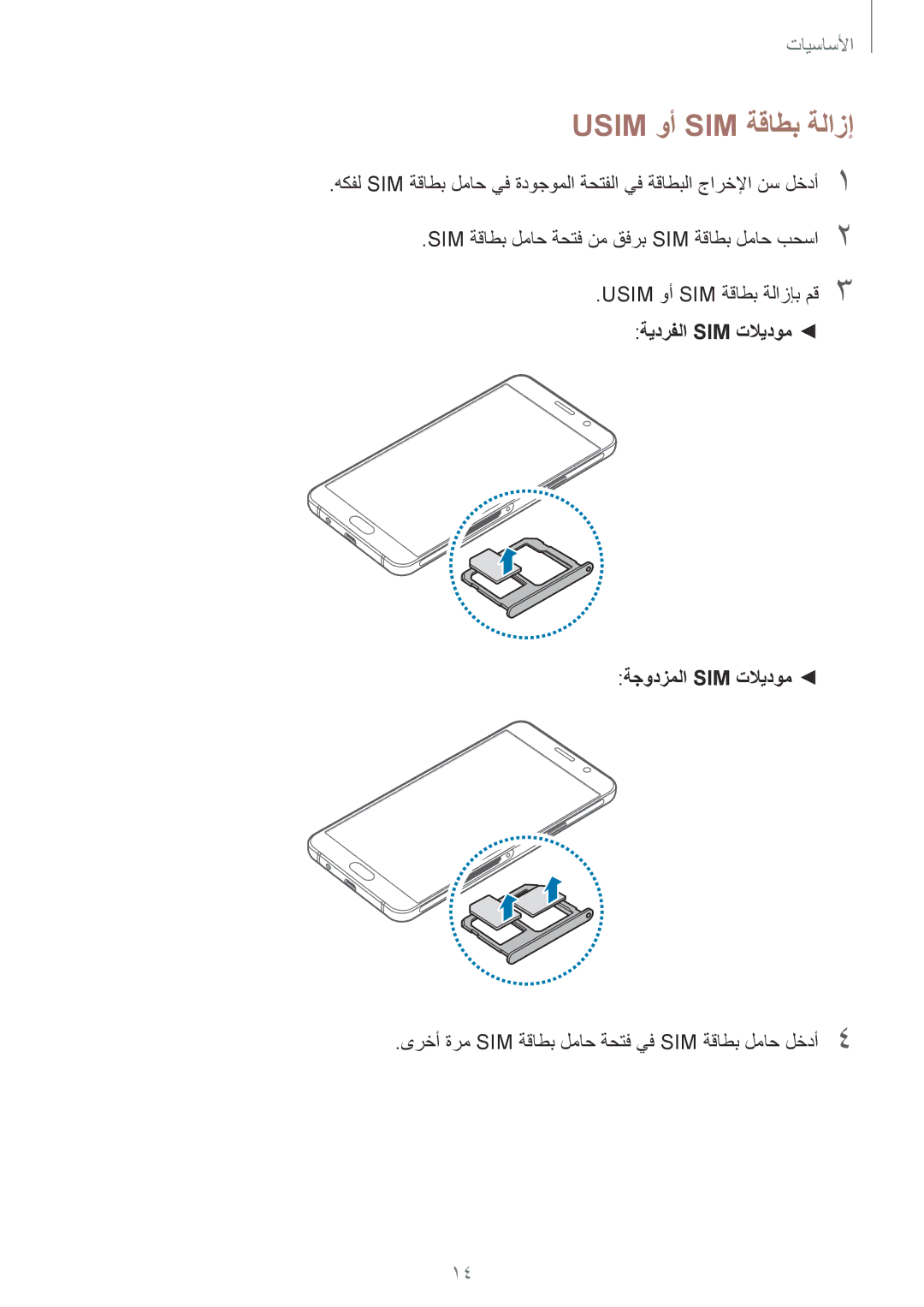 Samsung SM-A310FZDDKSA, SM-A310FZWAKSA manual Usim وأ SIM ةقاطب ةلازإب مق3, ةيدرفلا Sim تلايدوم ةجودزملا Sim تلايدوم 