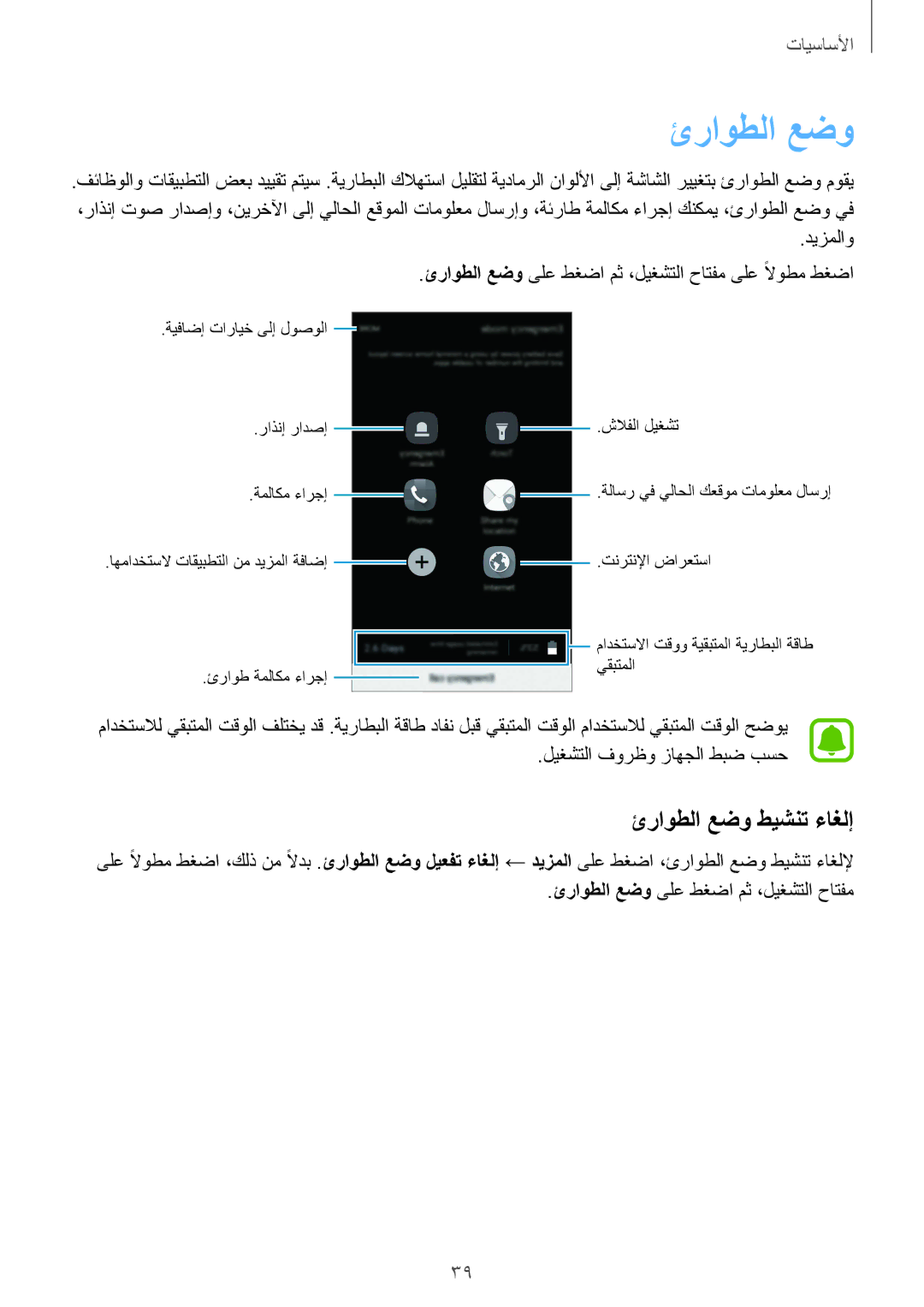 Samsung SM-A310FZKDKSA, SM-A310FZWAKSA, SM-A310FEDDKSA, SM-A310FZDDKSA manual ئراوطلا عضو طيشنت ءاغلإ, ديزملاو 