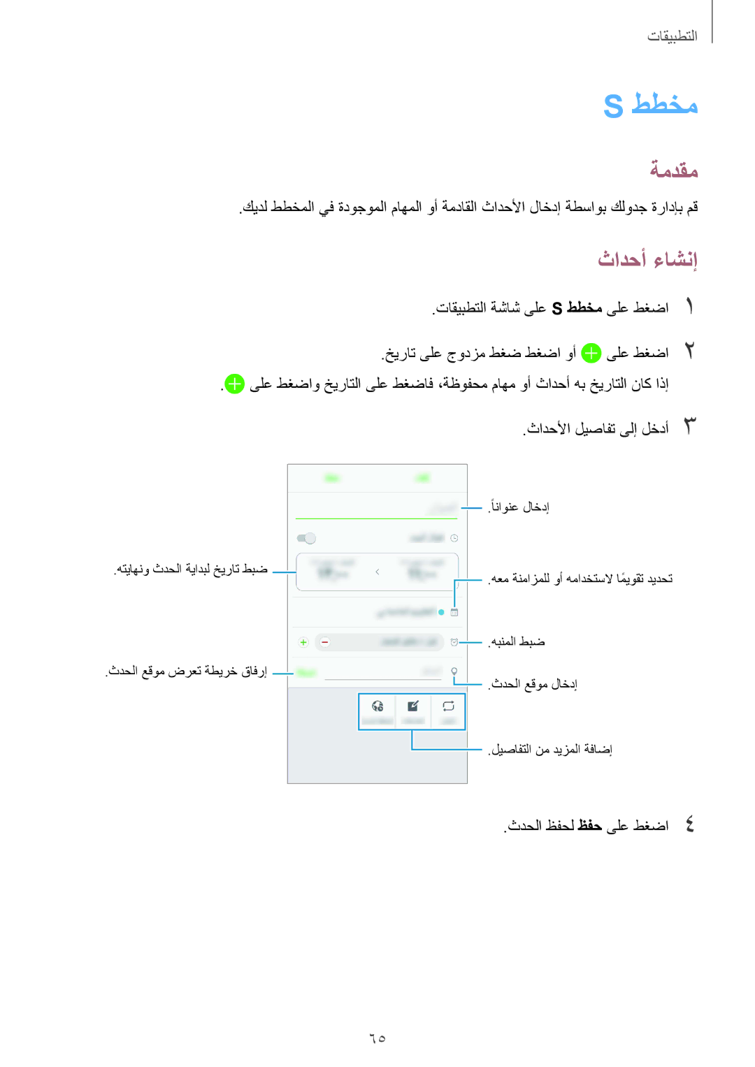 Samsung SM-A310FEDDKSA, SM-A310FZWAKSA manual ططخم, ثادحأ ءاشنإ, ثادحلأا ليصافت ىلإ لخدأ3, ثدحلا ظفحل ظفح ىلع طغضا4 