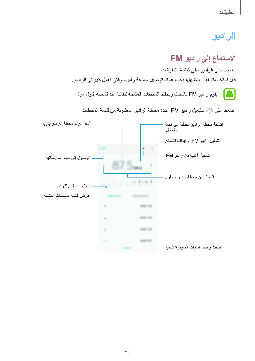 Samsung SM-A310FZKDKSA, SM-A310FZWAKSA, SM-A310FEDDKSA manual Fm ويدار ىلإ عامتسلاا, تاقيبطتلا ةشاش ىلع ويدارلا ىلع طغضا 