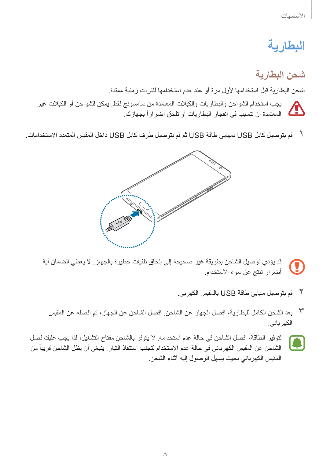 Samsung SM-A310FZWAKSA, SM-A310FEDDKSA manual ةيراطبلا نحش, نحشلا ءانثأ هيلإ لوصولا لهسي ثيحب يئابرهكلا سبقملا 