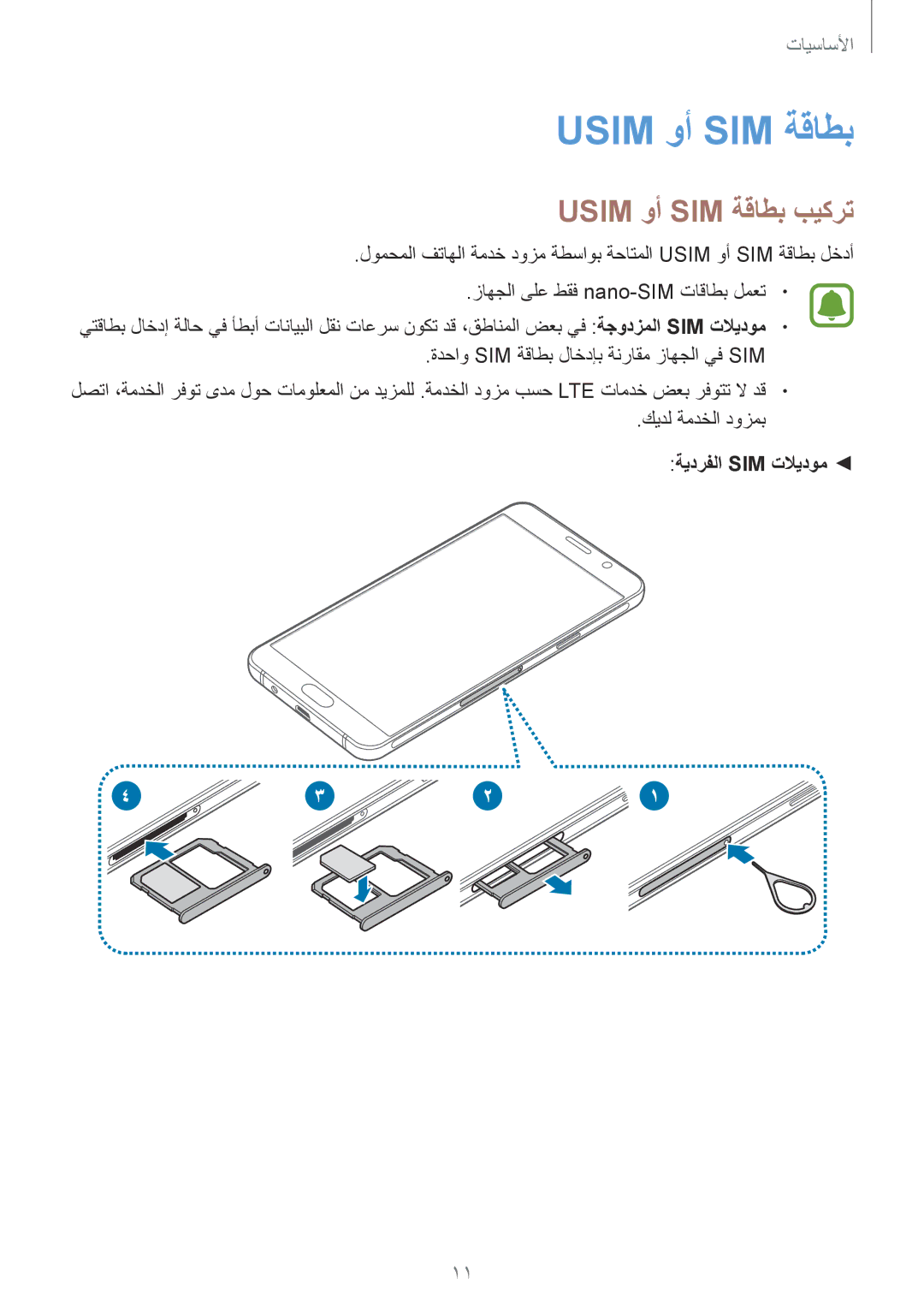 Samsung SM-A310FZKDKSA, SM-A310FZWAKSA, SM-A310FEDDKSA, SM-A310FZDDKSA manual Usim وأ SIM ةقاطب بيكرت, ةيدرفلا Sim تلايدوم 