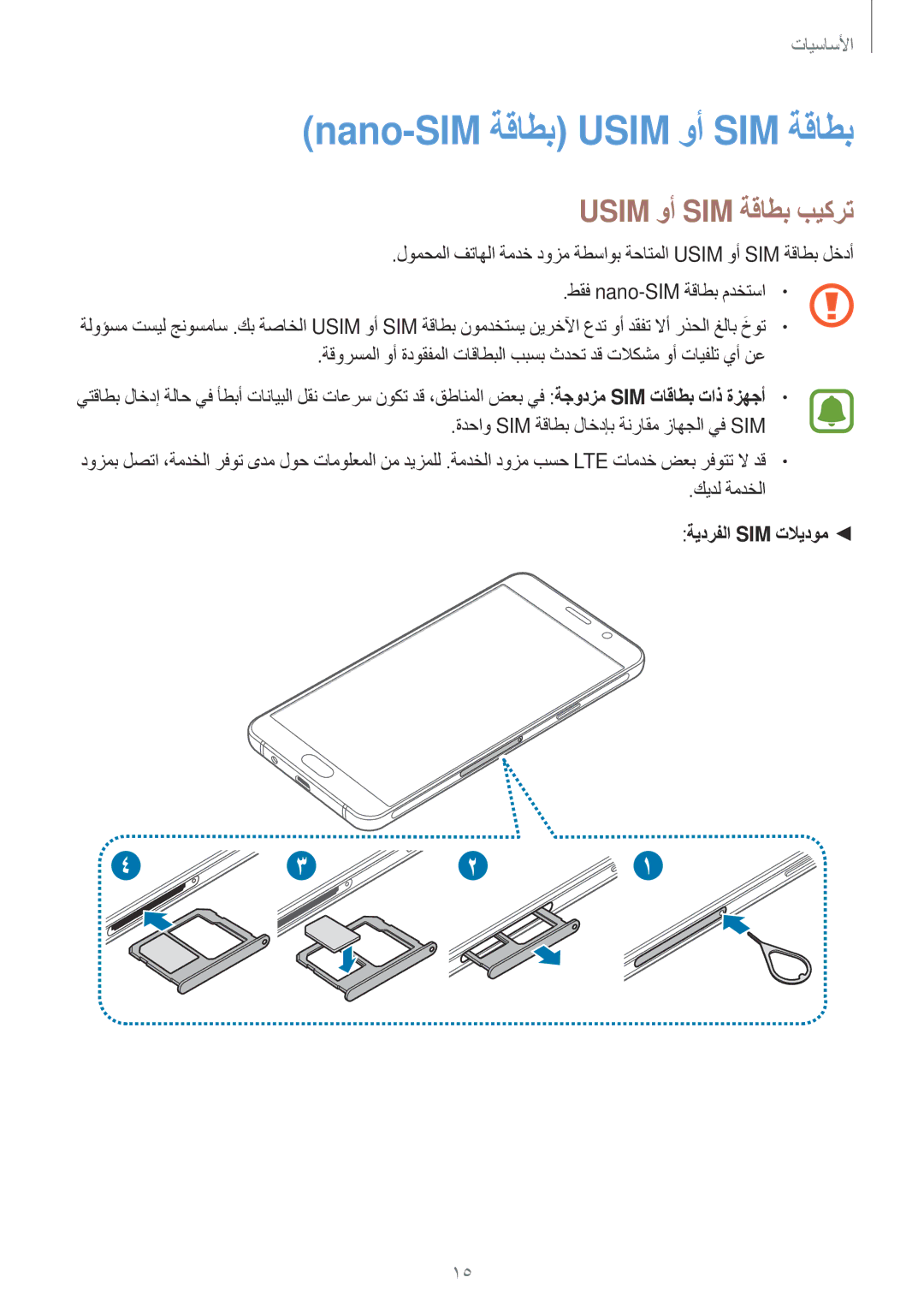 Samsung SM-A710FZDFKSA, SM-A310FZWAKSA manual Nano-SIM ةقاطب Usim وأ SIM ةقاطب, Usim وأ SIM ةقاطب بيكرت, ةيدرفلا Sim تلايدوم 