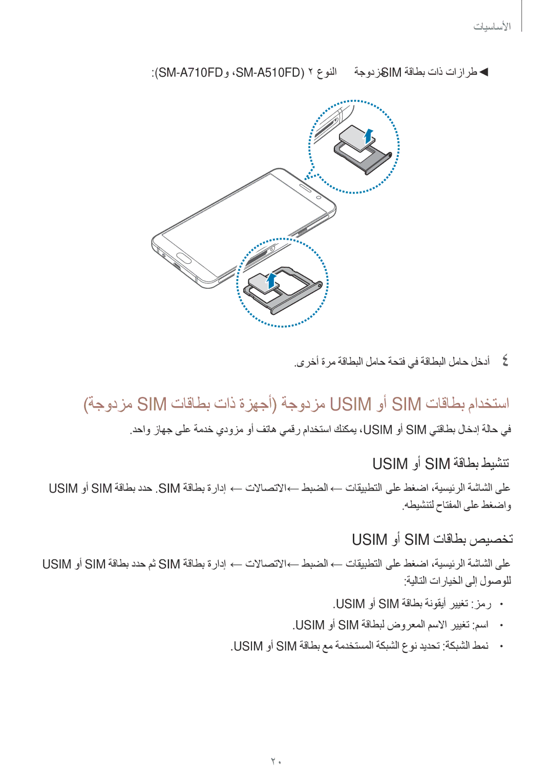 Samsung SM-A310FZKDKSA, SM-A310FZWAKSA, SM-A710FZDFKSA, SM-A710FZKFKSA Usim وأ SIM ةقاطب طيشنت, Usim وأ SIM تاقاطب صيصخت 