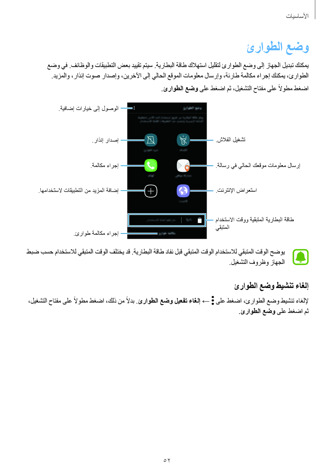 Samsung SM-A710FZWFKSA, SM-A310FZWAKSA, SM-A710FZDFKSA, SM-A710FZKFKSA, SM-A310FEDDKSA manual ئراوطلا عضو طيشنت ءاغلإ 