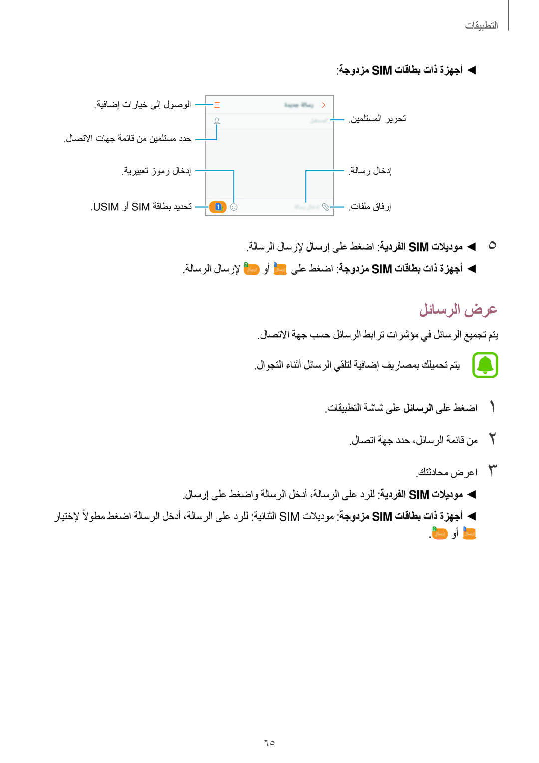 Samsung SM-A710FZKFKSA, SM-A310FZWAKSA, SM-A710FZDFKSA, SM-A710FZWFKSA manual لئاسرلا ضرع, ةجودزم Sim تاقاطب تاذ ةزهجأ 