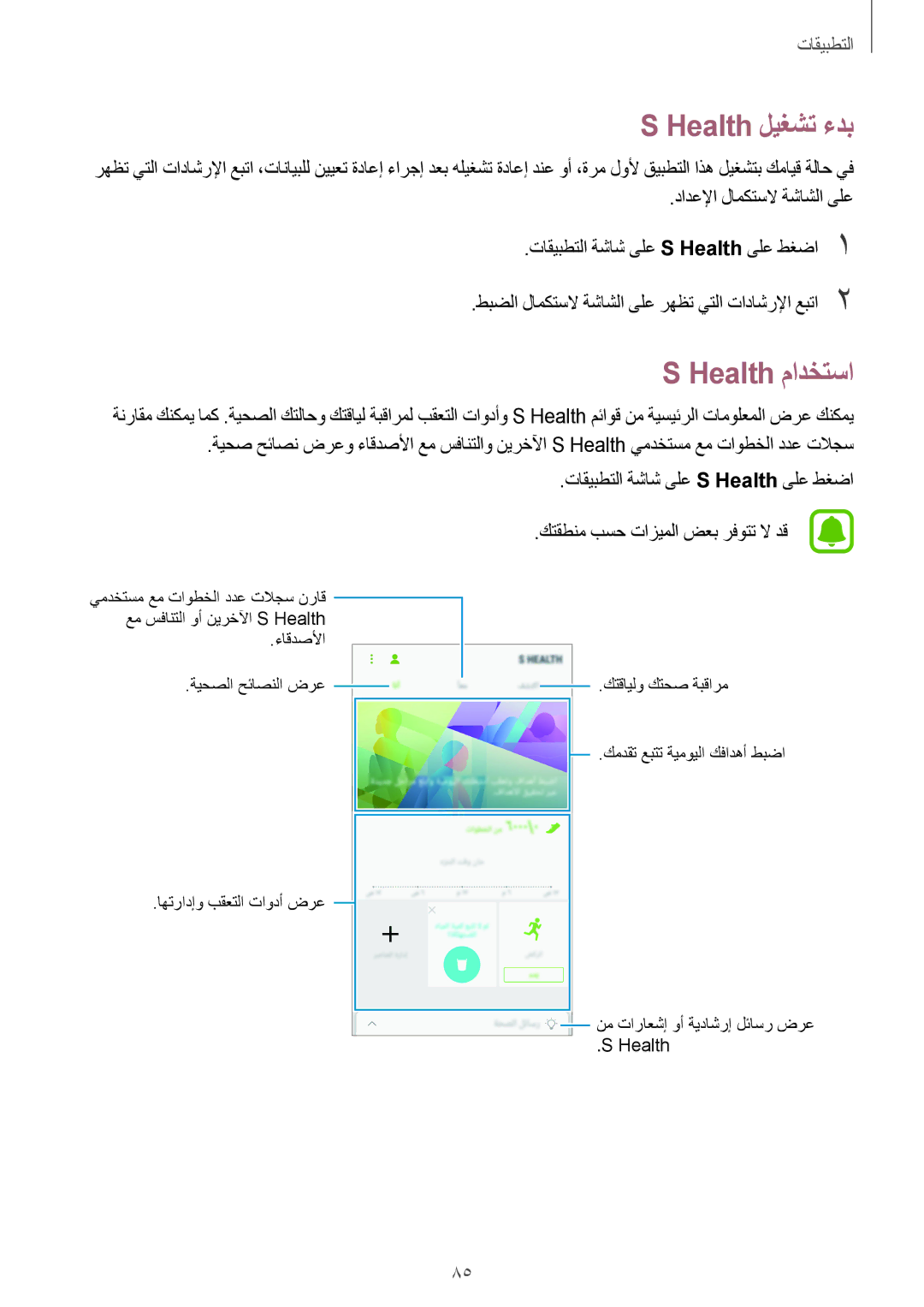 Samsung SM-A710FZDFKSA, SM-A310FZWAKSA, SM-A710FZKFKSA, SM-A710FZWFKSA, SM-A310FEDDKSA manual Health ليغشت ءدب, Health مادختسا 