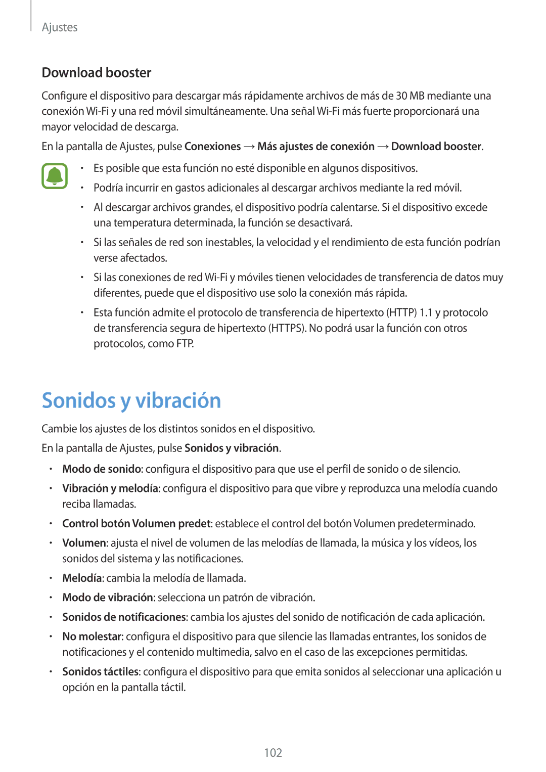 Samsung SM-A310FEDAPHE, SM-A310FZWAPHE, SM-A310FZDAPHE, SM-A310FZKAPHE manual Sonidos y vibración, Download booster 