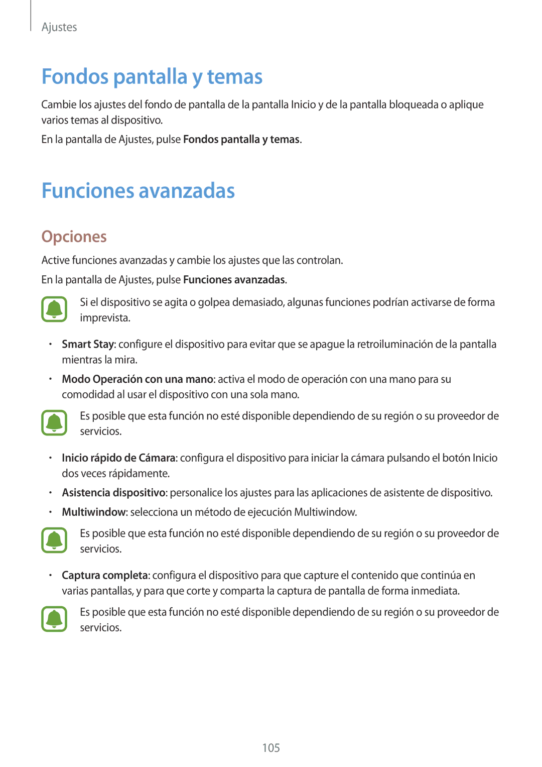 Samsung SM-A310FZDAPHE, SM-A310FZWAPHE, SM-A310FEDAPHE, SM-A310FZKAPHE manual Fondos pantalla y temas, Funciones avanzadas 