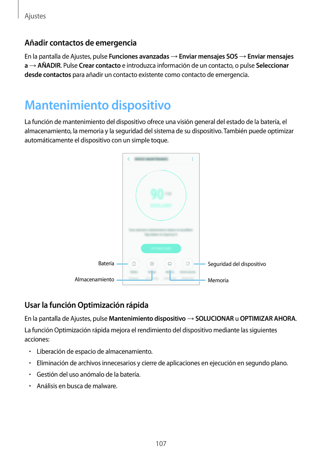 Samsung SM-A310FZKAPHE, SM-A310FZWAPHE, SM-A310FZDAPHE manual Mantenimiento dispositivo, Añadir contactos de emergencia 