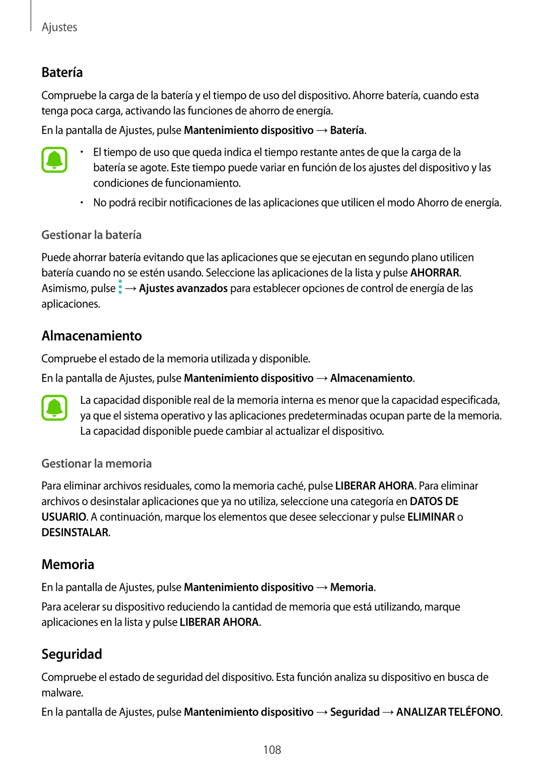 Samsung SM-A310FZWAPHE, SM-A310FZDAPHE, SM-A310FEDAPHE, SM-A310FZKAPHE manual Batería, Almacenamiento, Memoria, Seguridad 