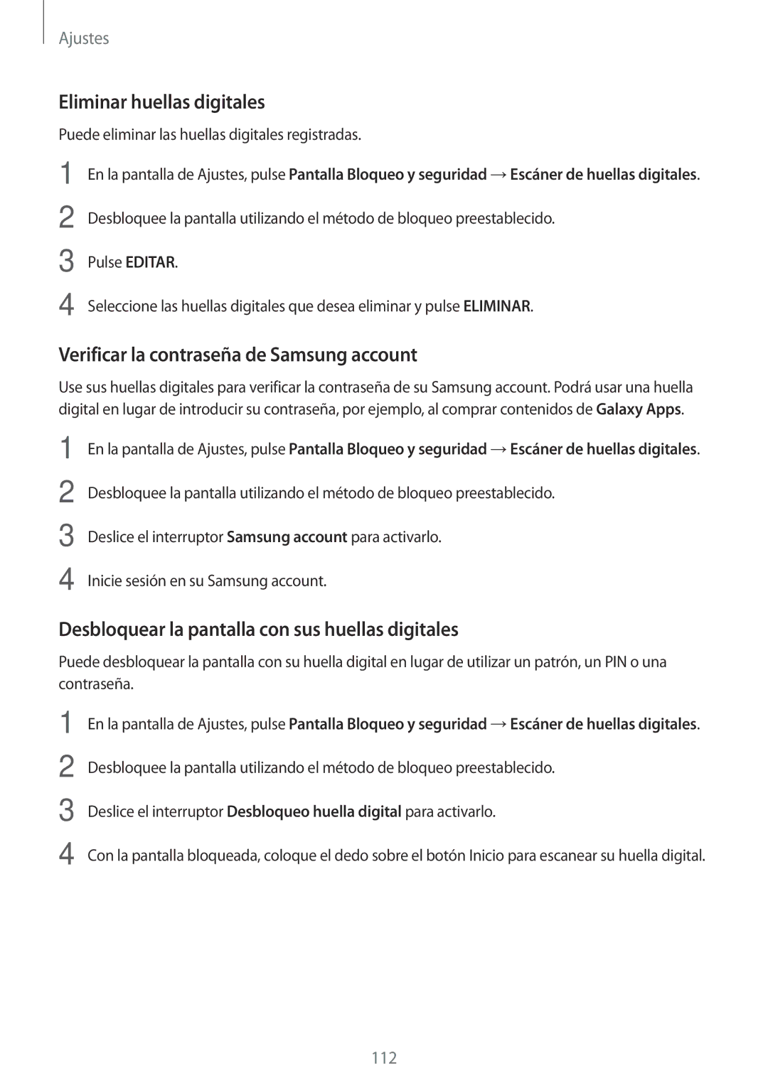 Samsung SM-A310FZWAPHE, SM-A310FZDAPHE manual Eliminar huellas digitales, Verificar la contraseña de Samsung account 