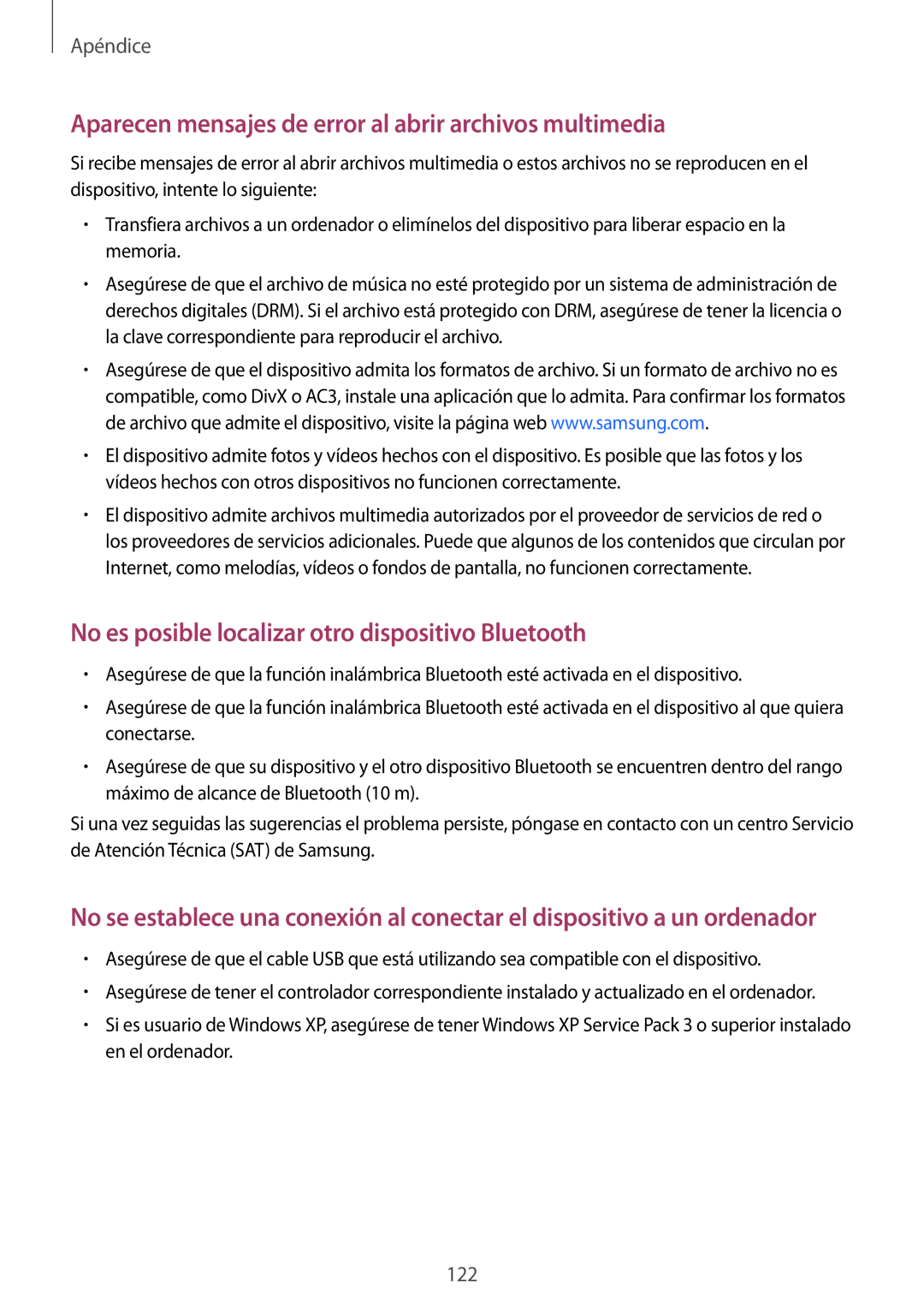 Samsung SM-A310FEDAPHE, SM-A310FZWAPHE, SM-A310FZDAPHE manual Aparecen mensajes de error al abrir archivos multimedia 