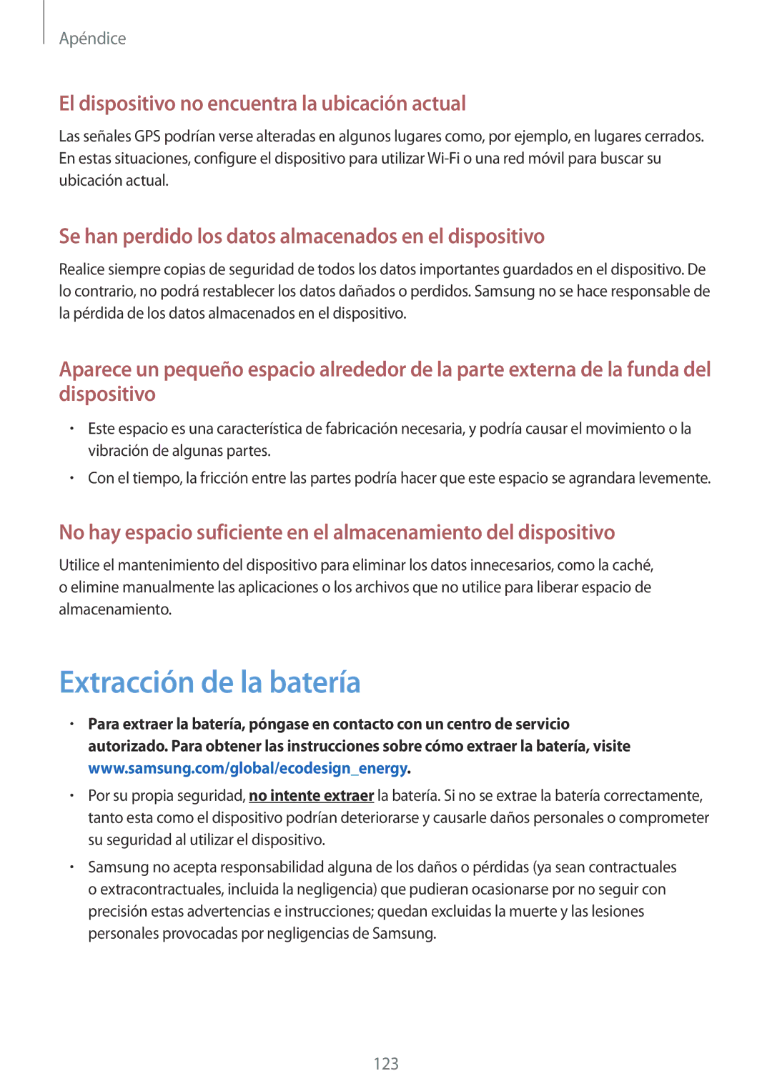 Samsung SM-A310FZKAPHE, SM-A310FZWAPHE manual Extracción de la batería, El dispositivo no encuentra la ubicación actual 