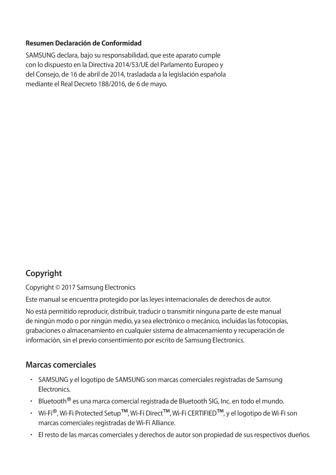 Samsung SM-A310FZWAPHE, SM-A310FZDAPHE, SM-A310FEDAPHE Copyright, Marcas comerciales, Resumen Declaración de Conformidad 