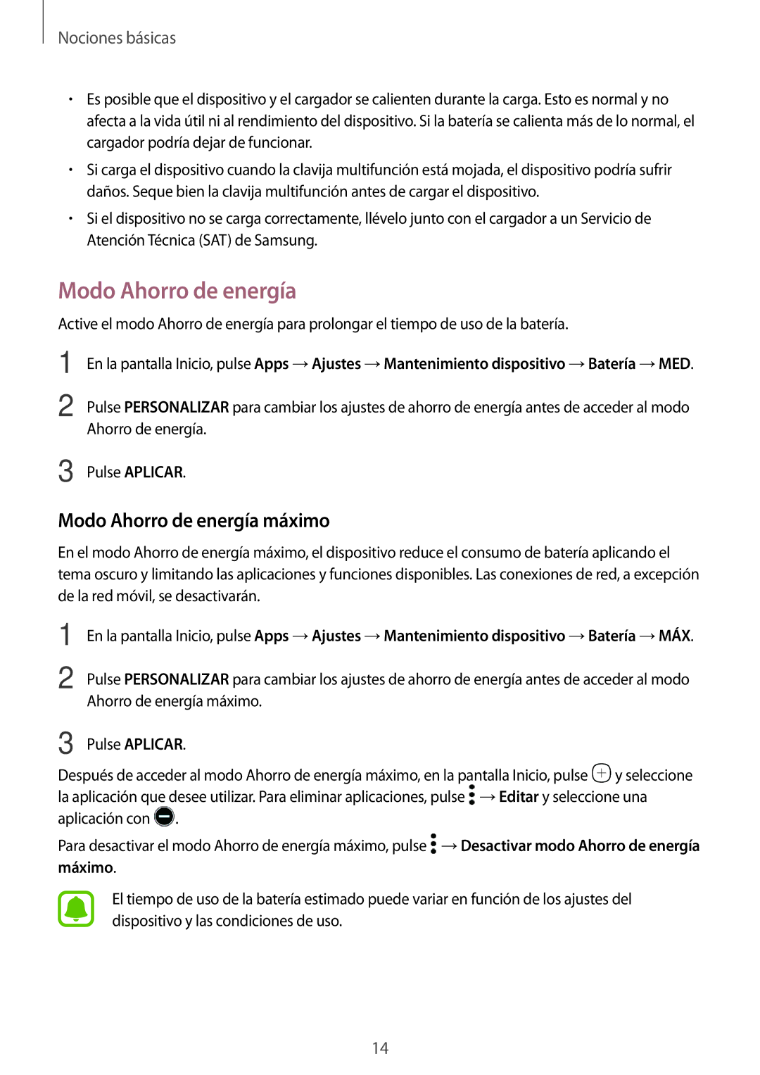 Samsung SM-A310FEDAPHE, SM-A310FZWAPHE, SM-A310FZDAPHE, SM-A310FZKAPHE manual Modo Ahorro de energía máximo 