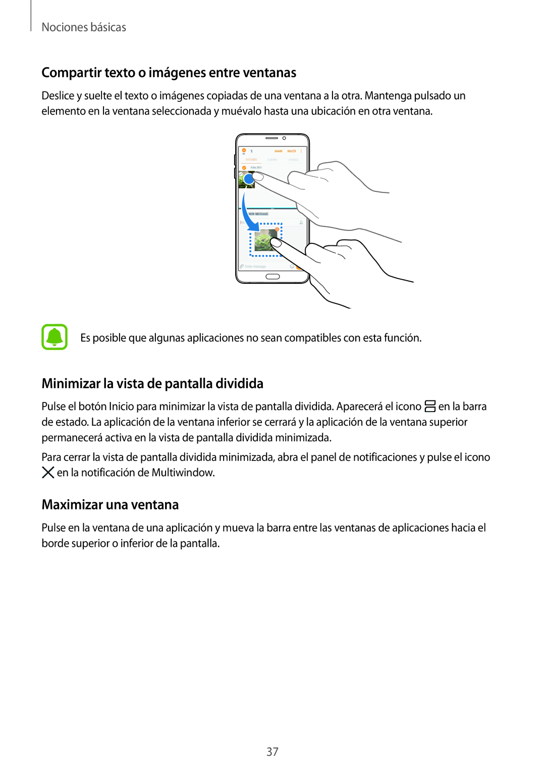 Samsung SM-A310FZDAPHE, SM-A310FZWAPHE Compartir texto o imágenes entre ventanas, Minimizar la vista de pantalla dividida 
