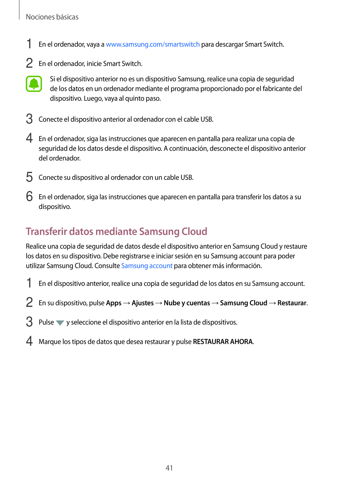 Samsung SM-A310FZDAPHE, SM-A310FZWAPHE, SM-A310FEDAPHE, SM-A310FZKAPHE manual Transferir datos mediante Samsung Cloud 